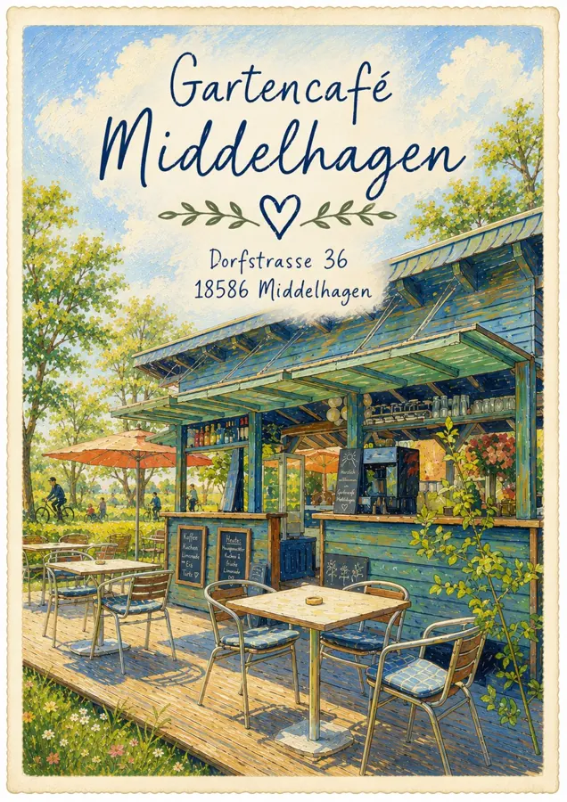 Gemaltes Plakat: Gartencafé Middelhagen, Dorfstraße 36, 18586 Middelhagen, mit dem Café-Pavillon im Garten